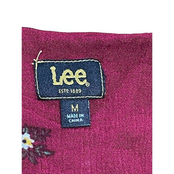 Lee Womens Floral Print Blouse Medium 100%‎ Rayon Burgundy V-Neck Long Sleeve - Picture 5 of 11